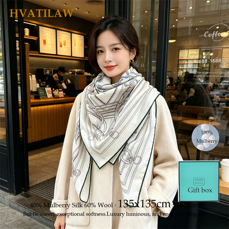 Shawl Wrap Winter - 40% Silk 60% Wool Scarf 135x135cm