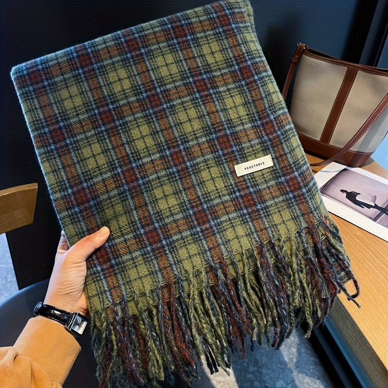 Cashmere Pashmina Wrap - Vintage Green Plaid Tassel Scarf Women