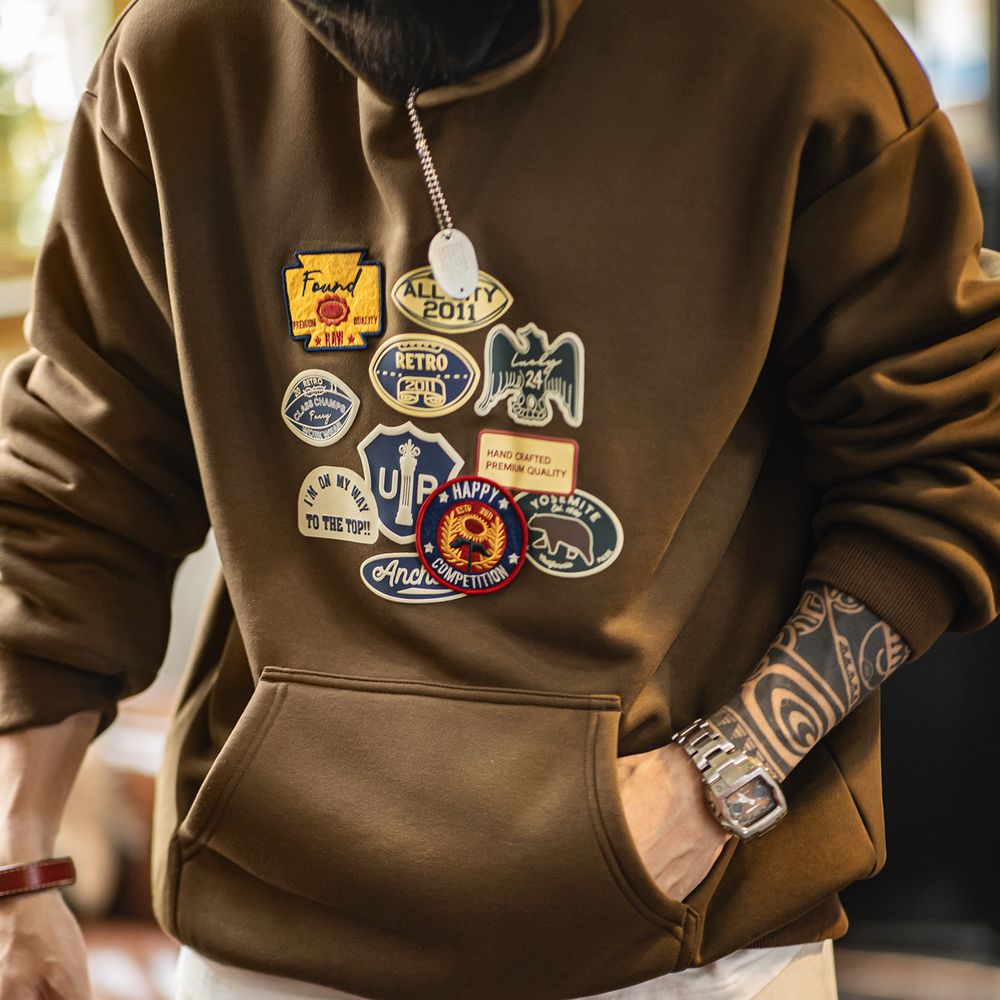 Sherpa Hoodie Fleece - Maden Vintage Men's Embroidered Badge Hoodie