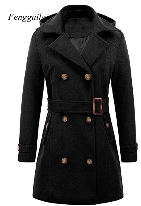 Wool Coat Peacoat - Women's Black Hooded Double Breasted Wool