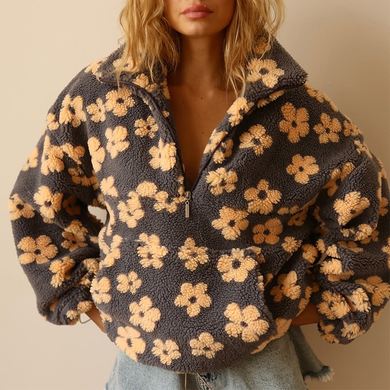 Floral Sherpa Half Zip Pullove - Sherpa Hoodie Fleece ulasan dan harga