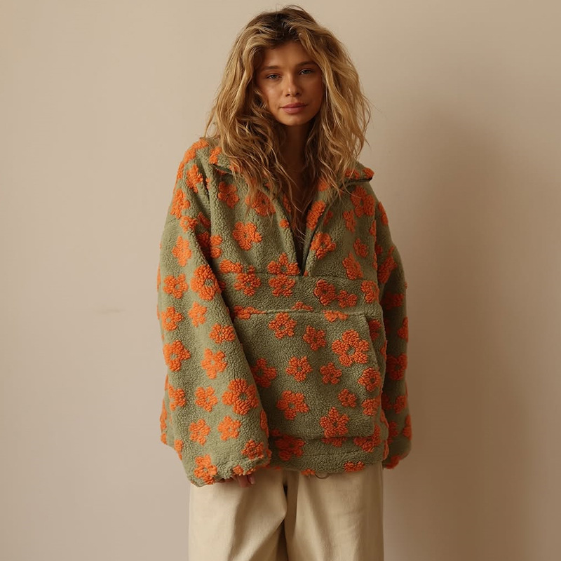 Floral Sherpa Half Zip Pullove - Sherpa Hoodie Fleece ulasan dan harga