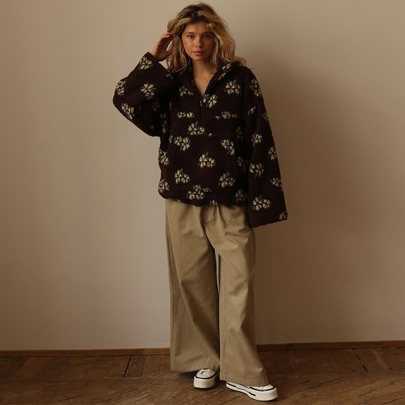 Floral Sherpa Half Zip Pullove - Sherpa Hoodie Fleece ulasan dan harga