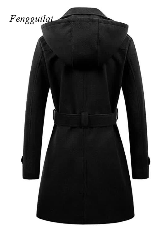 Women's Black Hooded Double Br - Wool Coat Peacoat ulasan dan harga