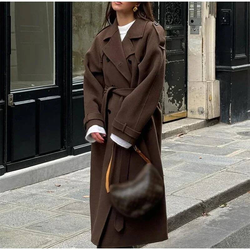 Elegant Grey Belt Long Faux Wo - Wool Coat Peacoat ulasan dan harga