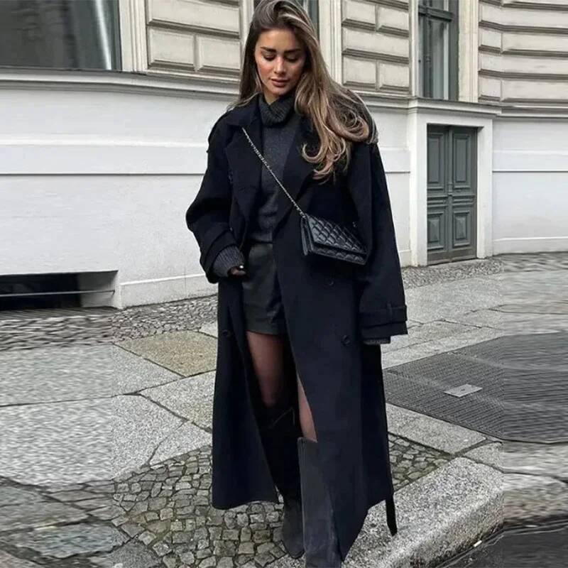 Elegant Grey Belt Long Faux Wo - Wool Coat Peacoat ulasan dan harga