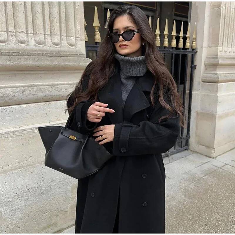 Elegant Grey Belt Long Faux Wo - Wool Coat Peacoat ulasan dan harga
