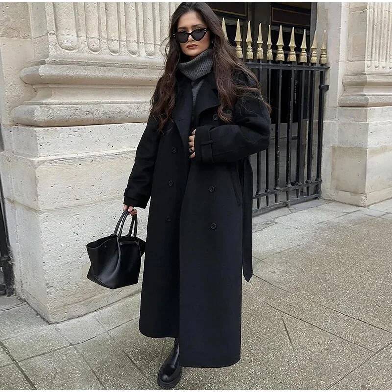 Elegant Grey Belt Long Faux Wo - Wool Coat Peacoat ulasan dan harga